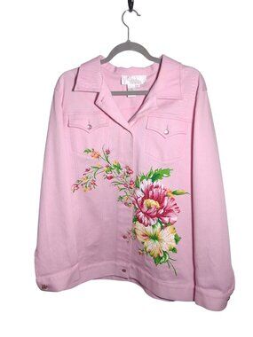 Pink Floral Print Button-Up Denim Jacket Womens 1X By Kims Essentials